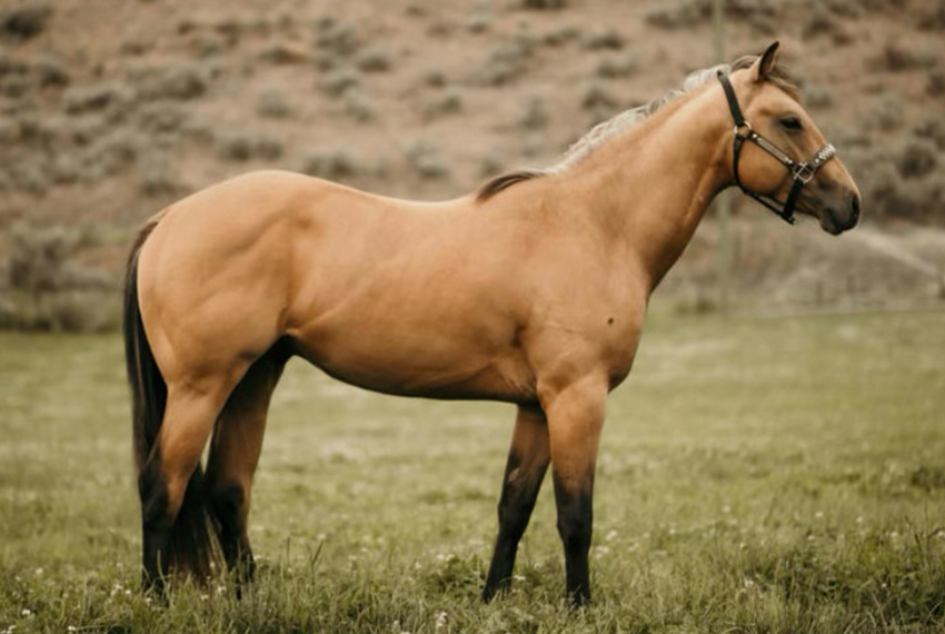 buckskin stallion standing in grass